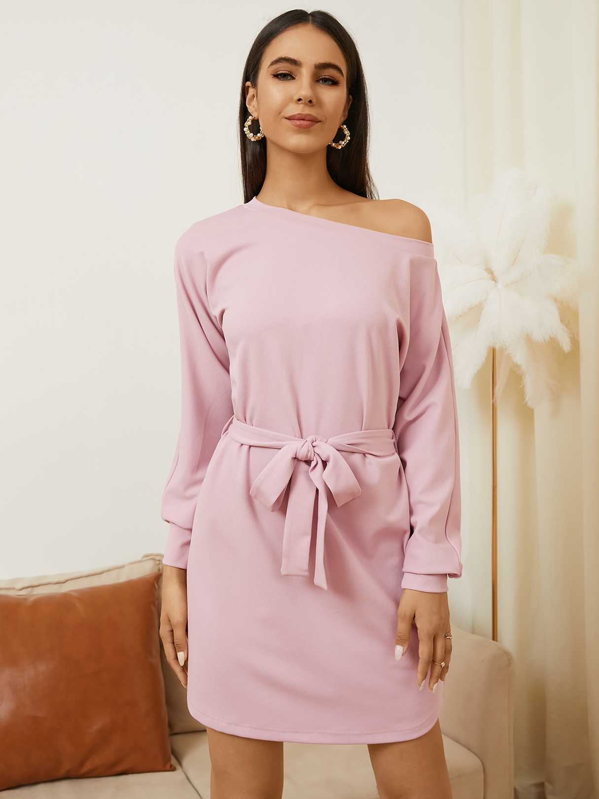 YOINS Belt Design Tie-up Design Round Neck Long Sleeves Mini Dress