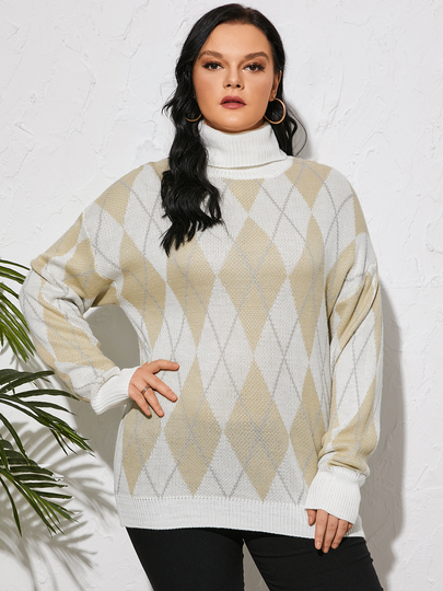 Plus Size Camel High Neck Plaid Long Sleeves Sweater