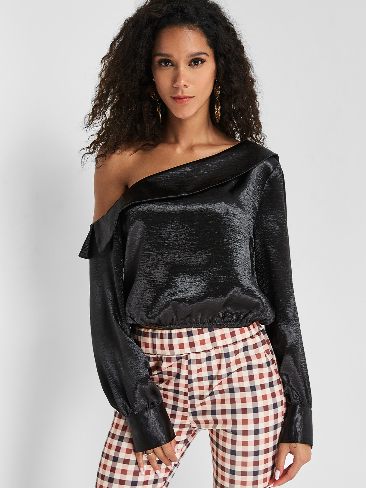 Black Tiered Design One Shoulder Blouse