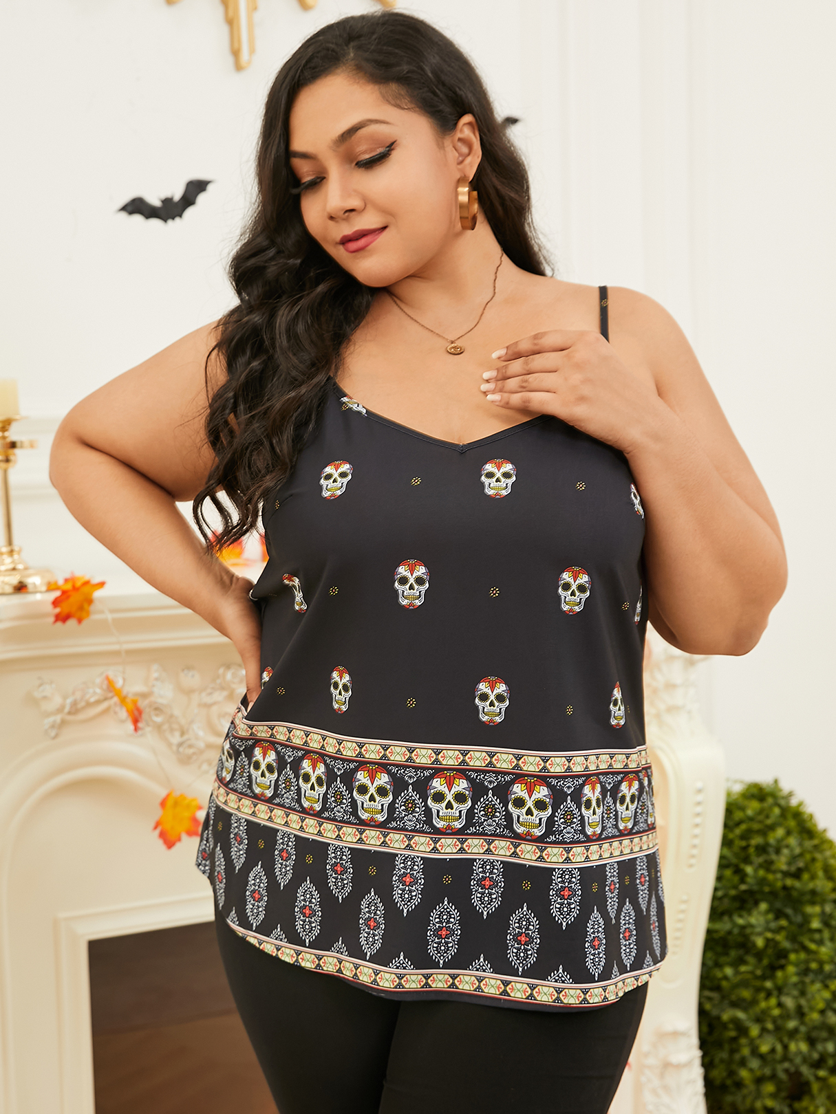 YOINS Plus Size Spaghetti Skull Pattern Backless Design Sleeveless Cami