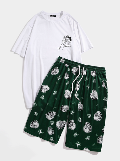 KOYYE Men Summer Casual Graphic Print Short Sleeve Pajamas Set