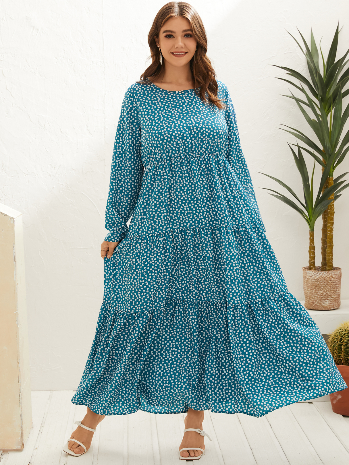 YOINS Plus Size Crew Neck Calico Long Sleeves Dress