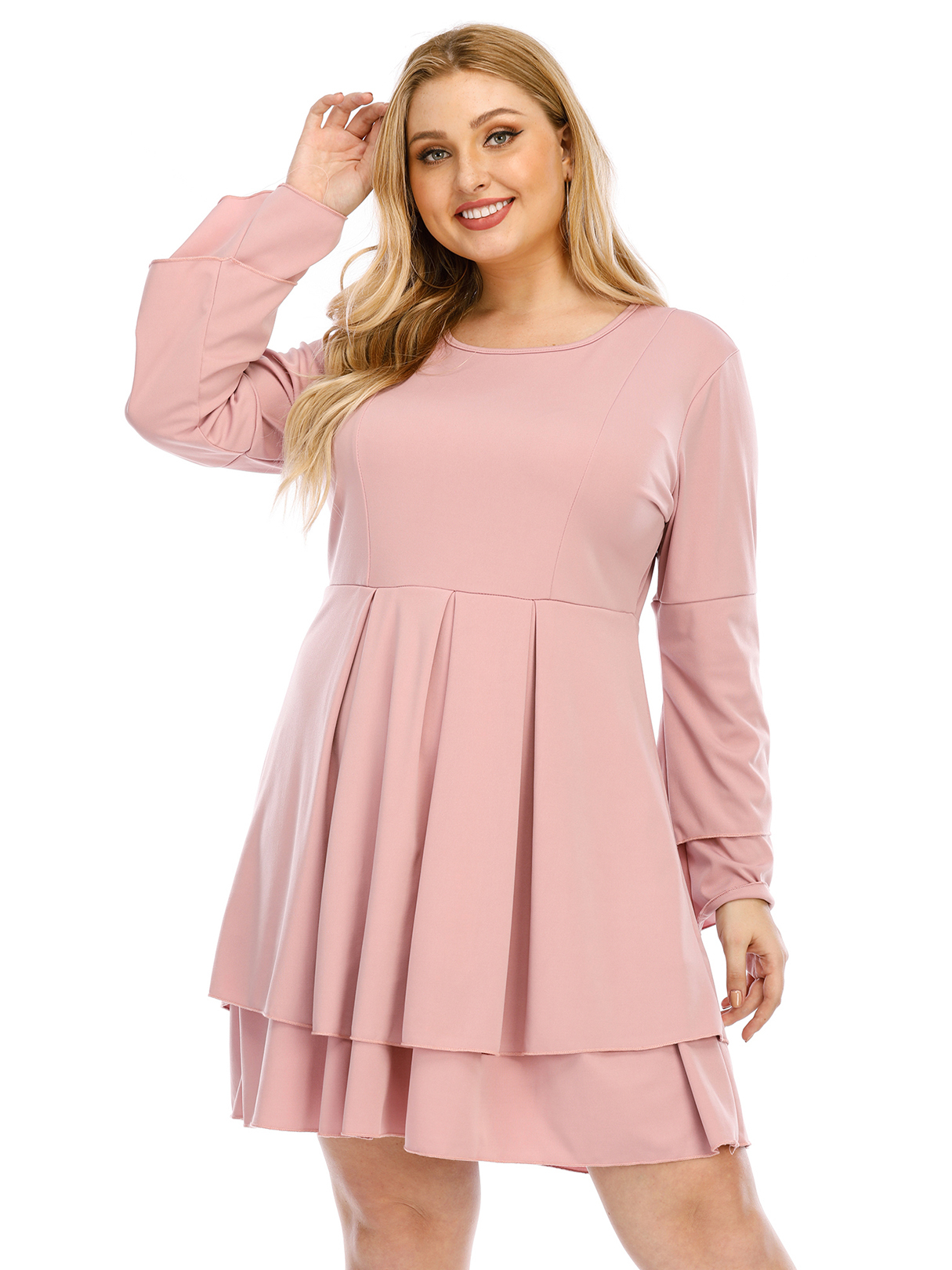 Plus Size Round Neck Tiered Design Long Sleeves Mini Dress
