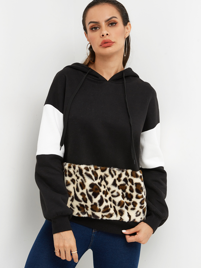 Fashion Color Block Leopard Long Sleeves Hoodie