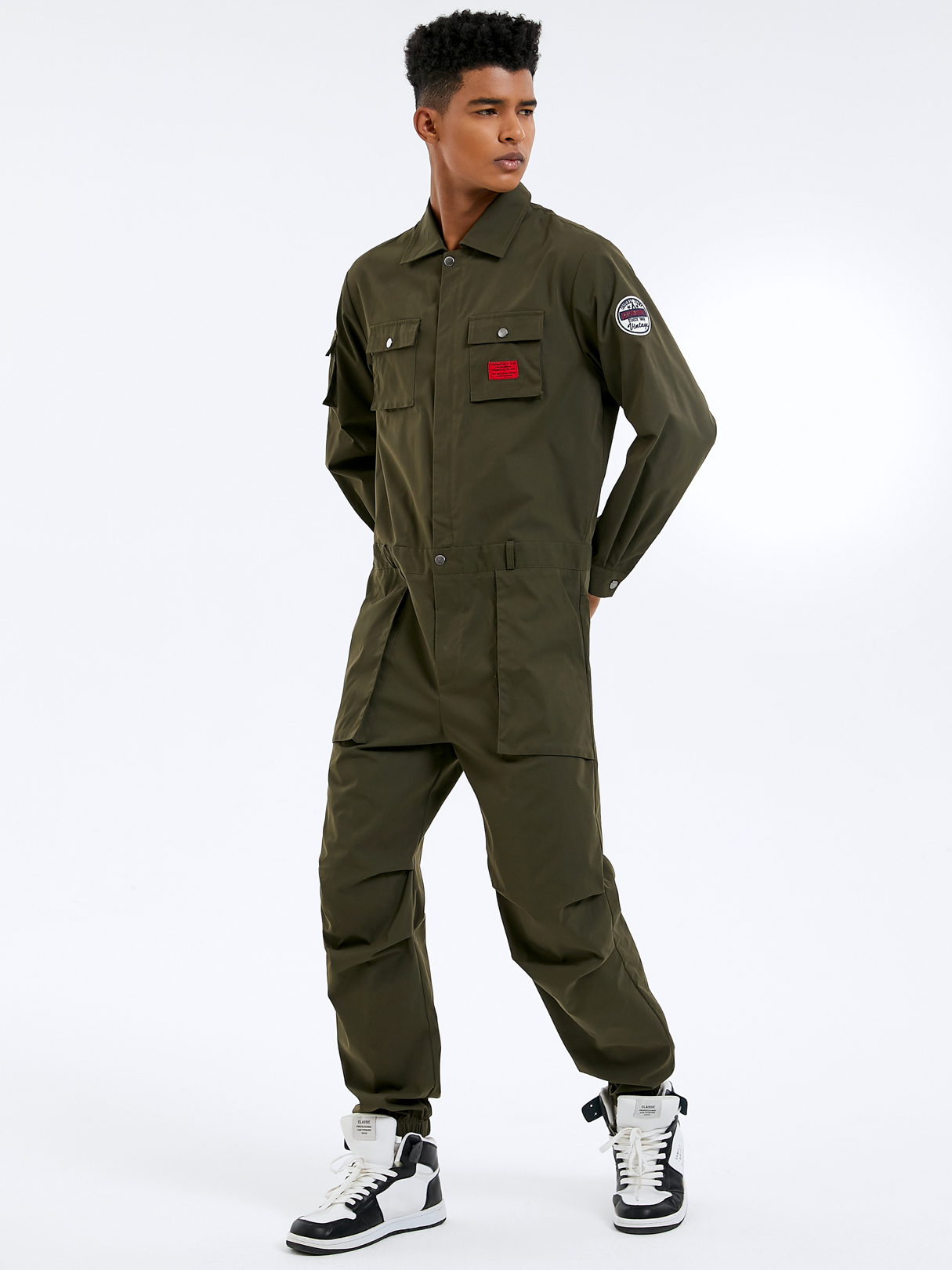 Men Fashion Flight Space Badge Design Zip Front Utility Overalls Jumpsuit