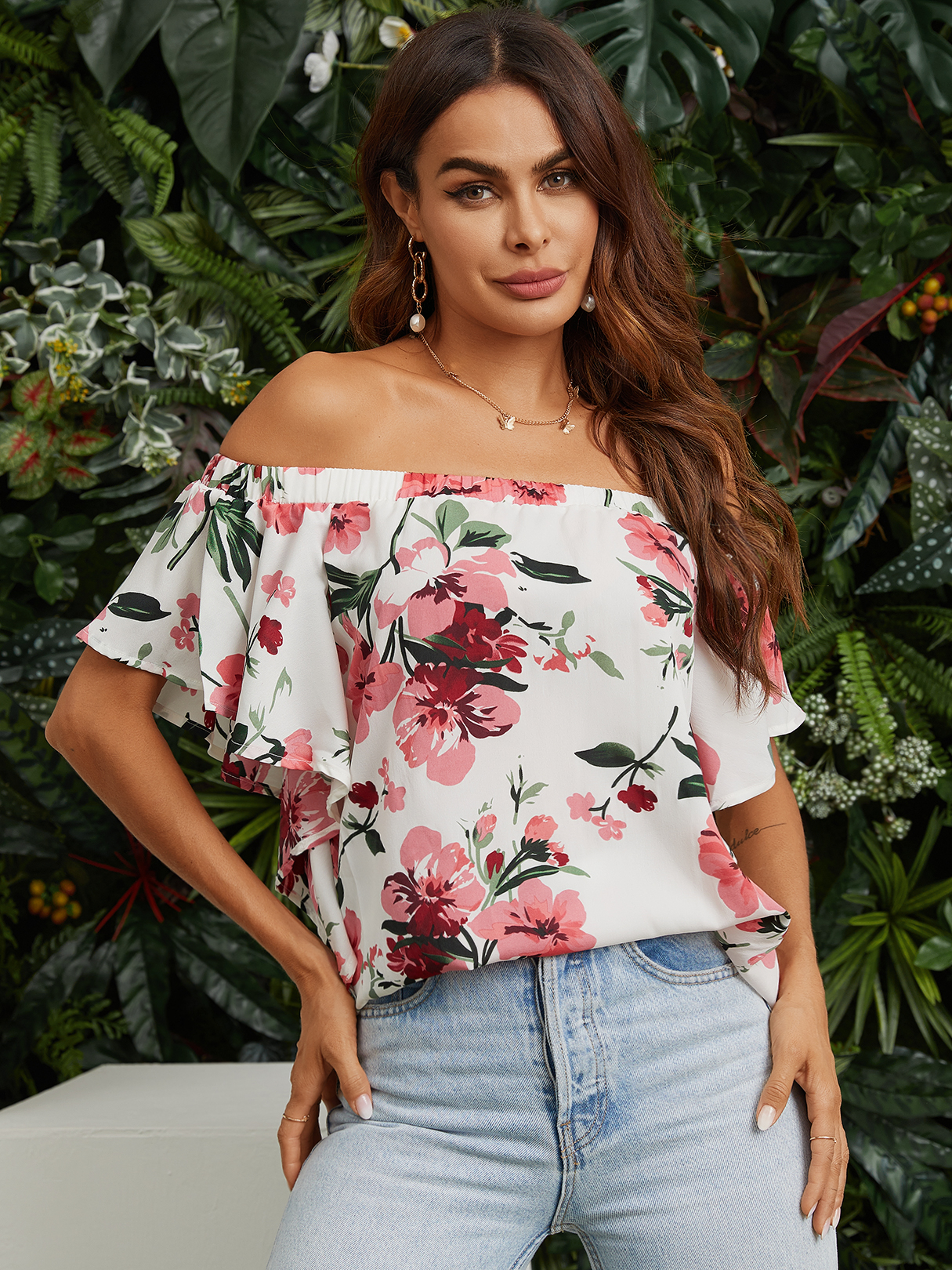 White Floral Print Off The Shoulder Short Sleeves Blouse