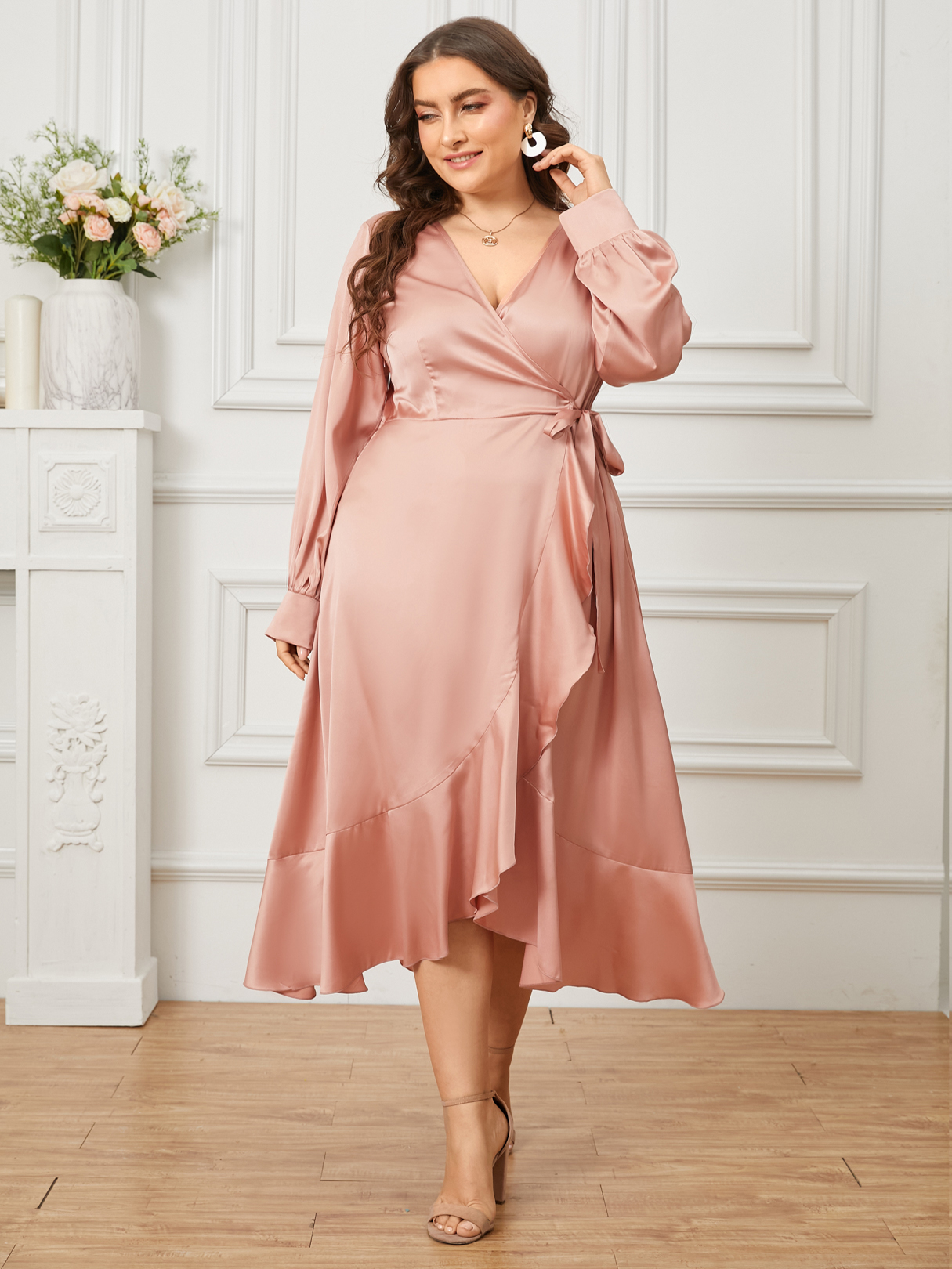 YOINS Plus Size V-neck Crossed Front Design Tie-up Design Long Sleeves Dress