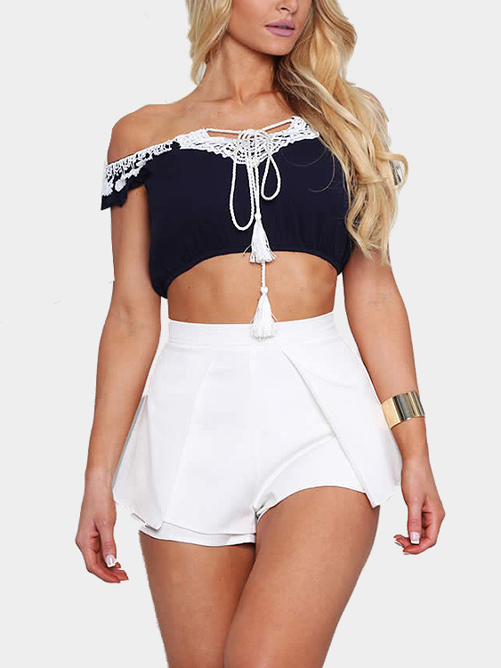 Off Shoulder Crochet Trim Top & Irregular Hem Short Co-ord