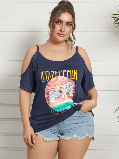 YOINS Plus Size Cold Shoulder Figure Letter Short Sleeves Tee