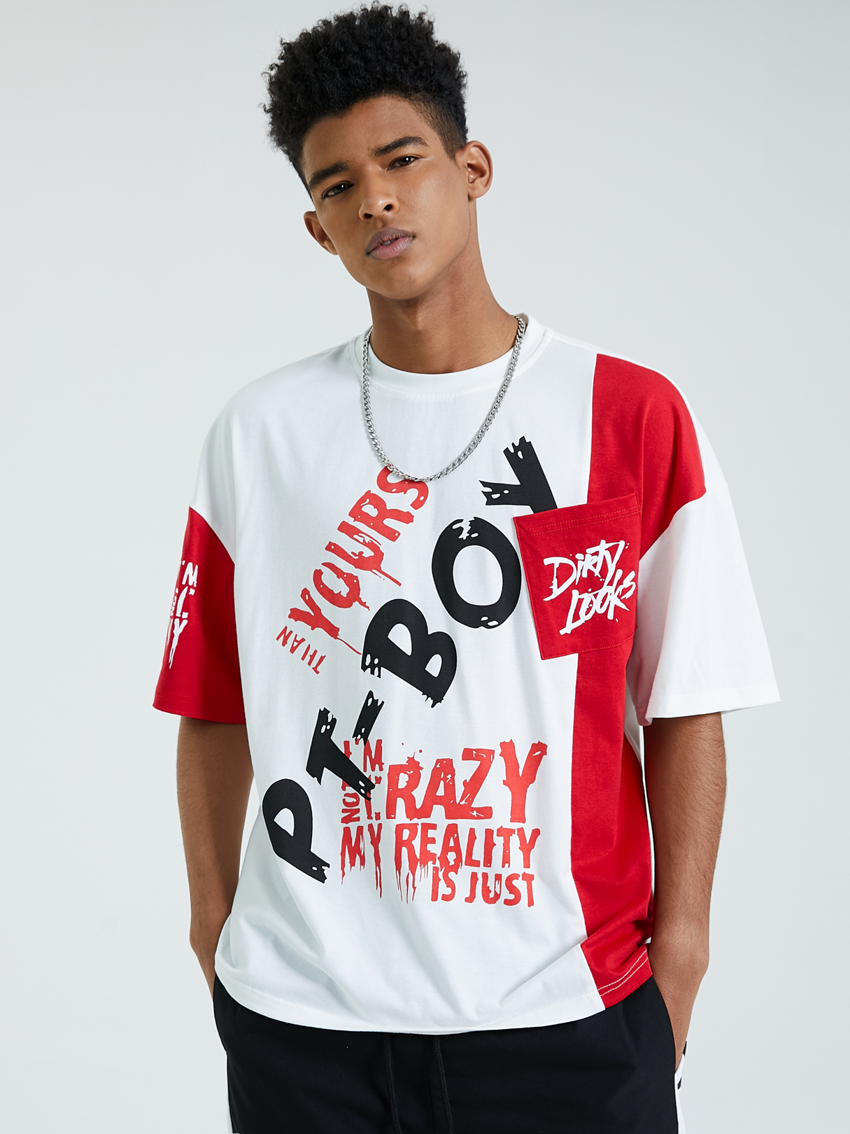KOYYE Men Casual Patchwork Letter Color Block Street Style T-Shirt