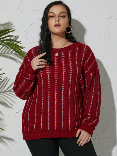 Plus Size Crew Neck Striped Long Sleeves Sweater