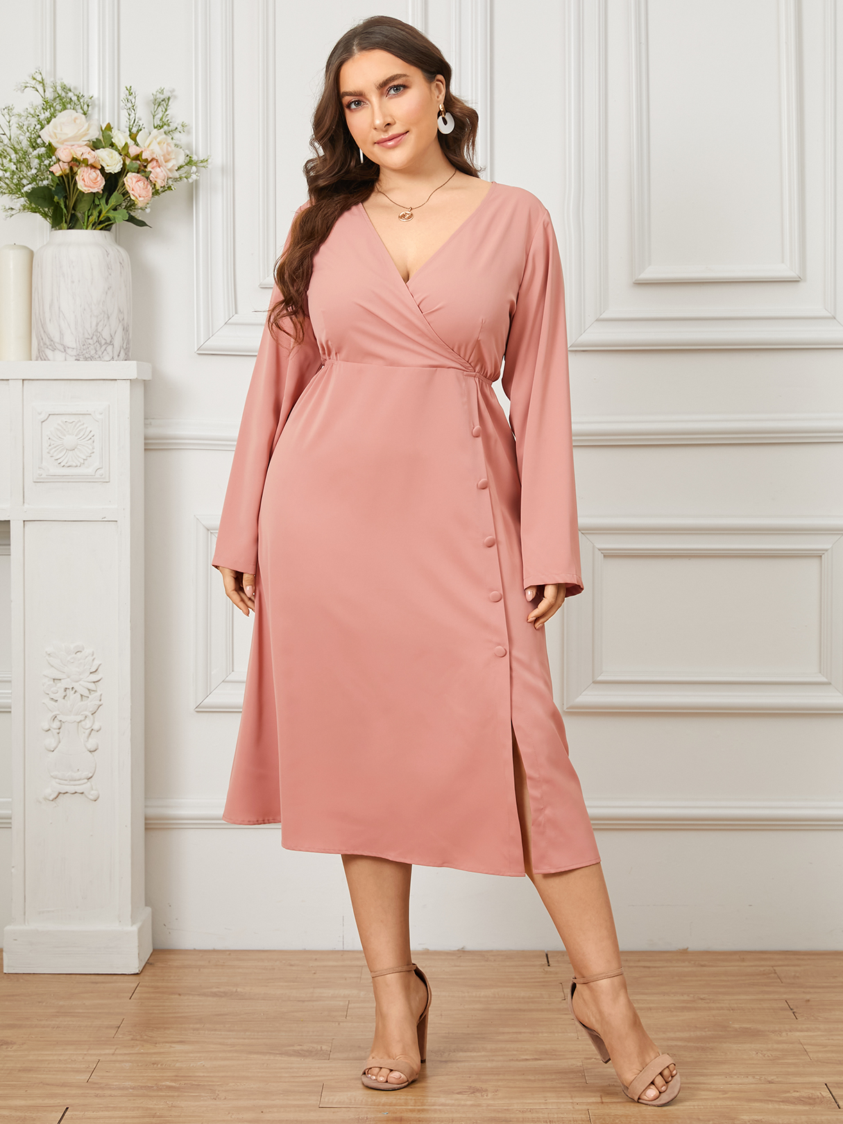 YOINS Plus Size V-neck Button Design Crossed Front Design Long Sleeves Dress