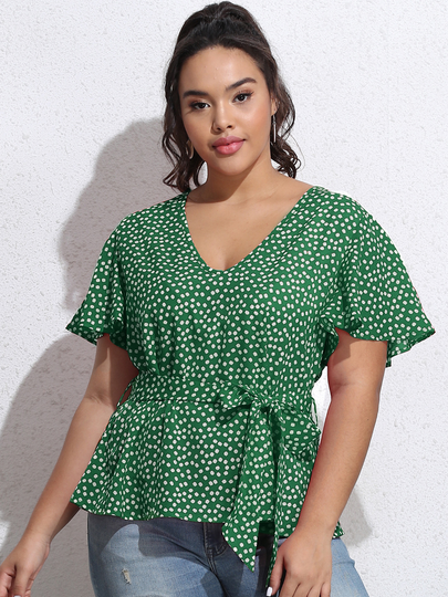 Plus Size Calico Belt Design Tie-up Design Short Sleeves Blouse