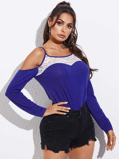 Yoins Blue Lace Insert Cold Shoulder Long Sleeves Tee