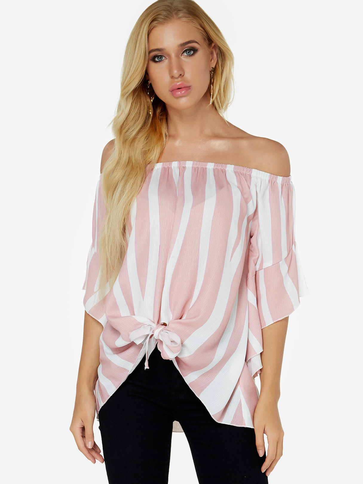 Pink Lace-up Design Stripe Off The Shoulder Flared Sleeves Top