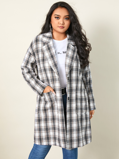 YOINS Plus Size Collar Plaid Side Pockets Long Sleeves Coat