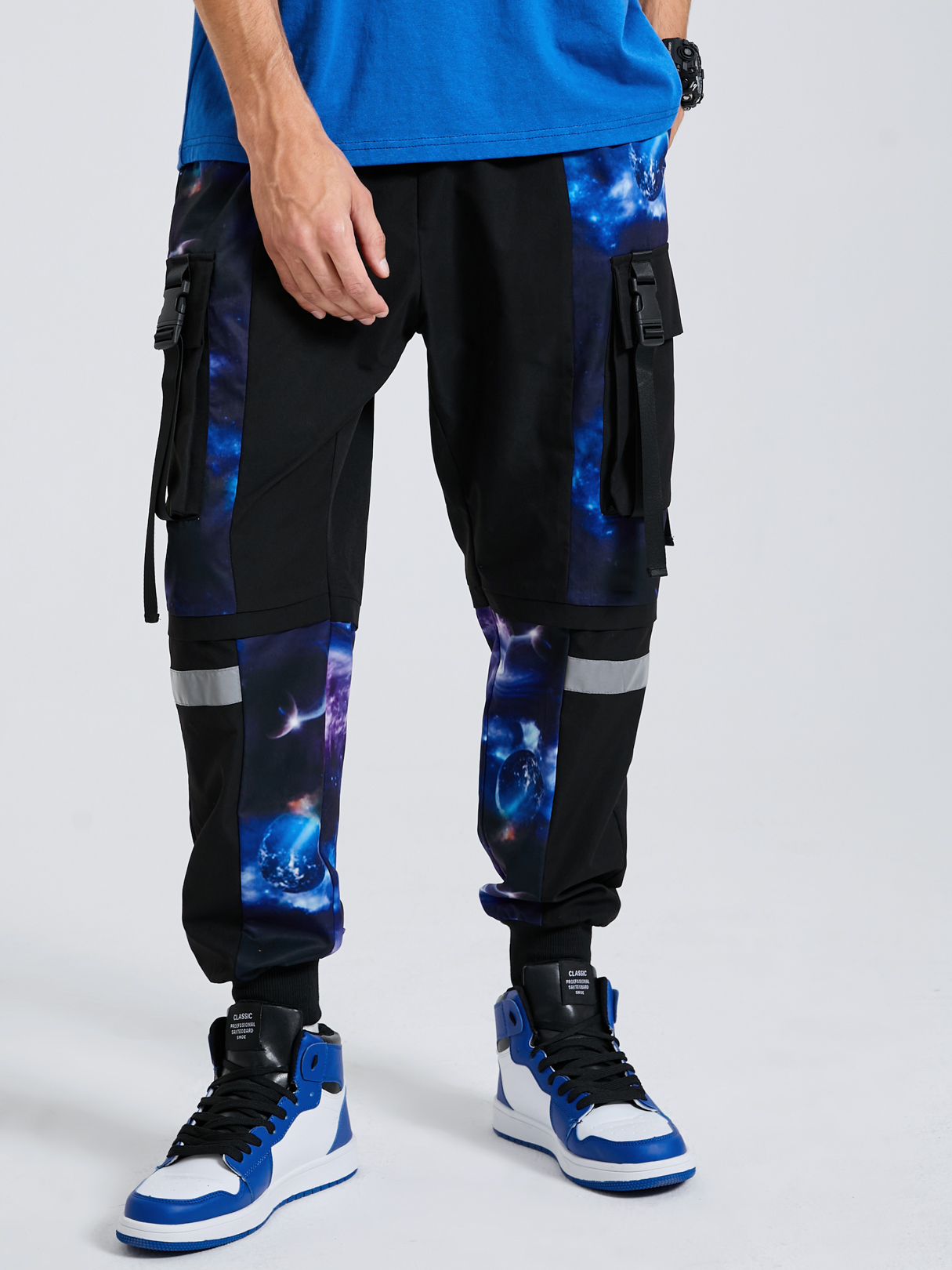 Men Galaxy Printed Ribbons Design Drawstring Cargo Pants