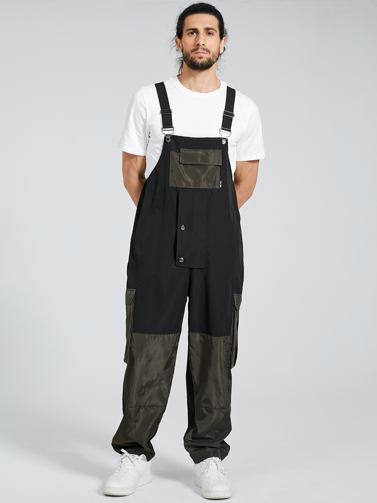 Men Casual Color Block Big Pocket Bib Suspender Overalls Jumpsuit