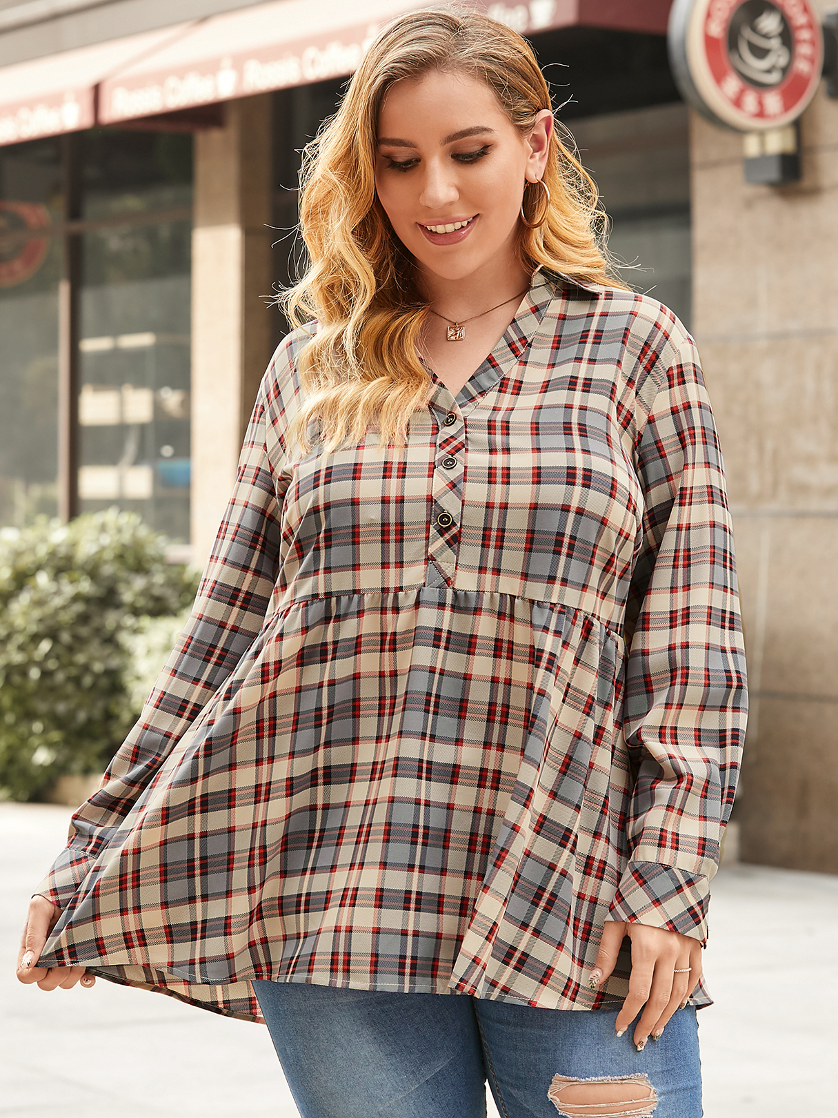 YOINS Plus Size Lapel Collar Plaid Long Sleeves Blouse