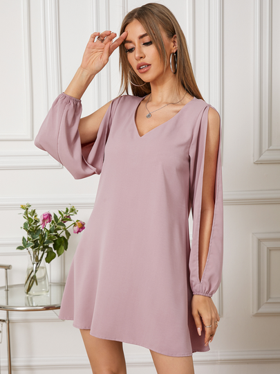 YOINS Pink V-neck Cut Out Long Sleeves Mini Dress