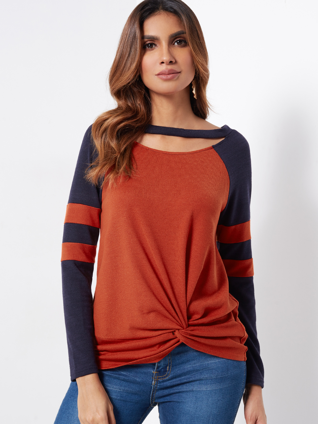 Orange Stripe Round Neck Cutout Design Long Sleeves Twist Front T-shirts