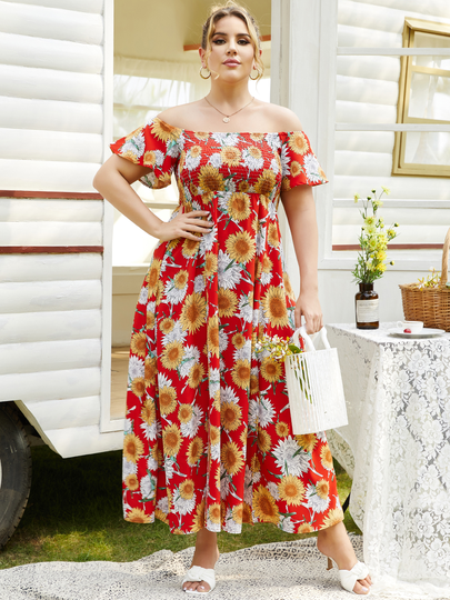 YOINS Plus Size Floral Print Shirring Off The Shoulder Short Sleeves Dress