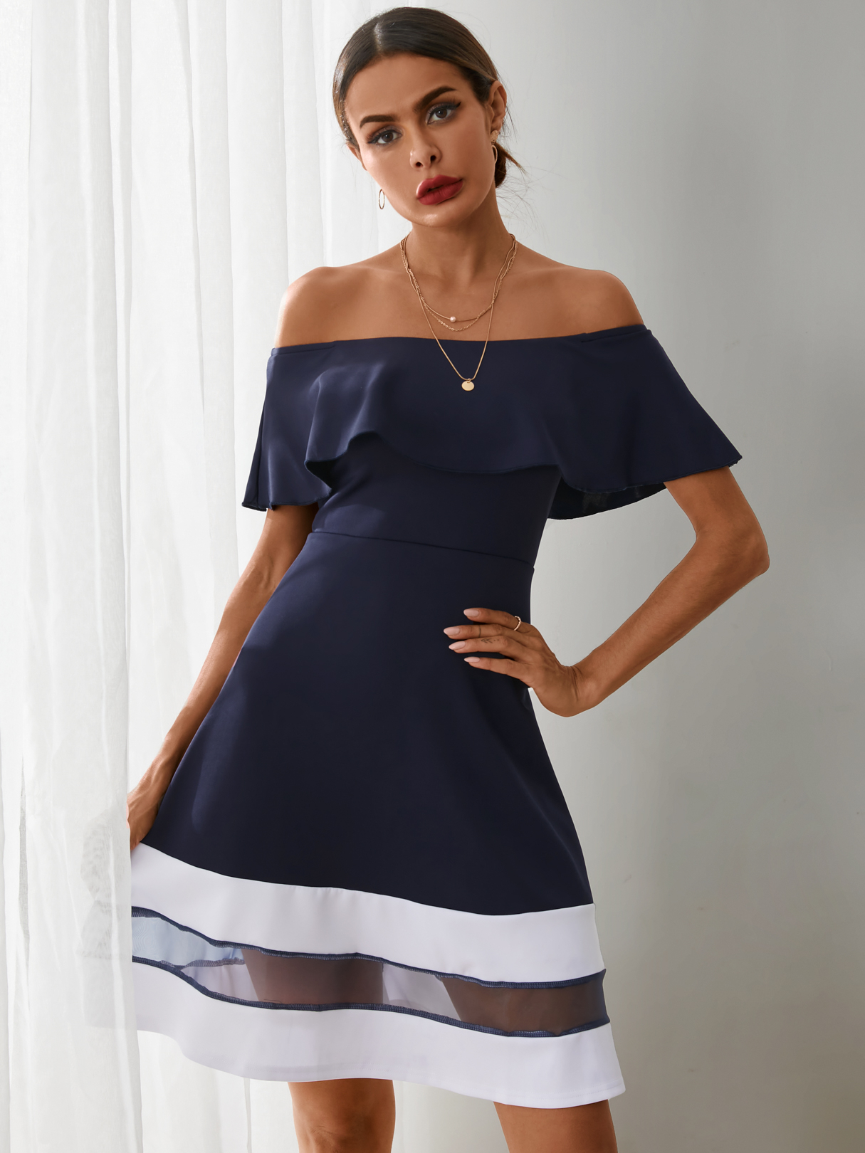 YOINS Navy Off the shoulder Patch Mesh Mini Dress