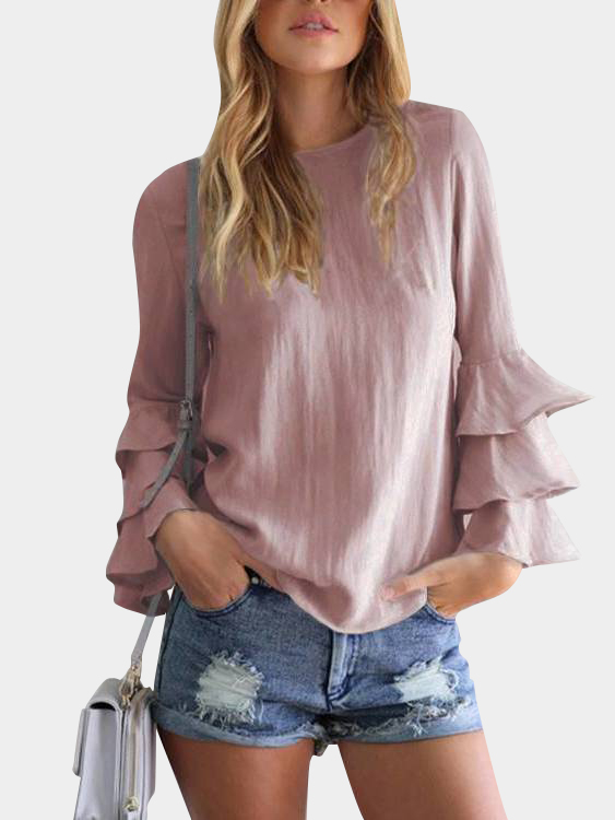 Lotus Round Neck Flared Sleeves Blouse