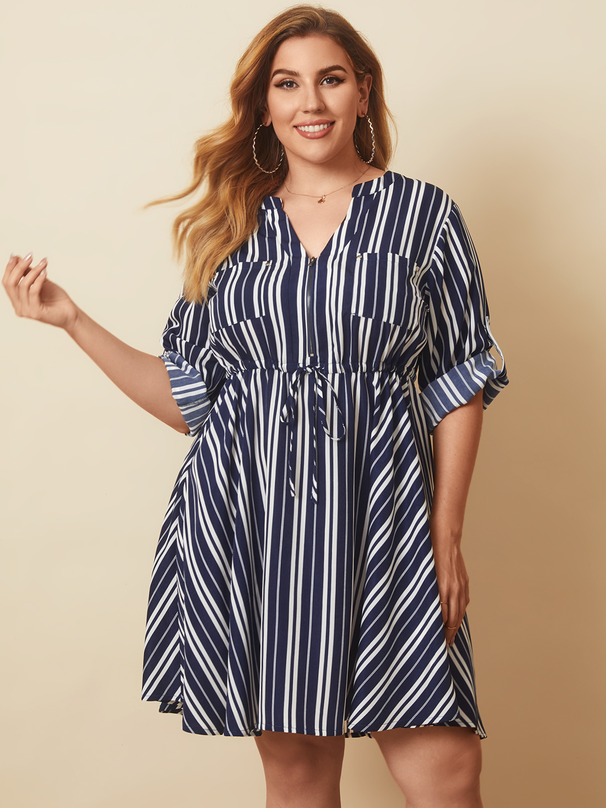 YOINS Plus Size V-neck Striped Tie-up Design Long Sleeves Mini Dress