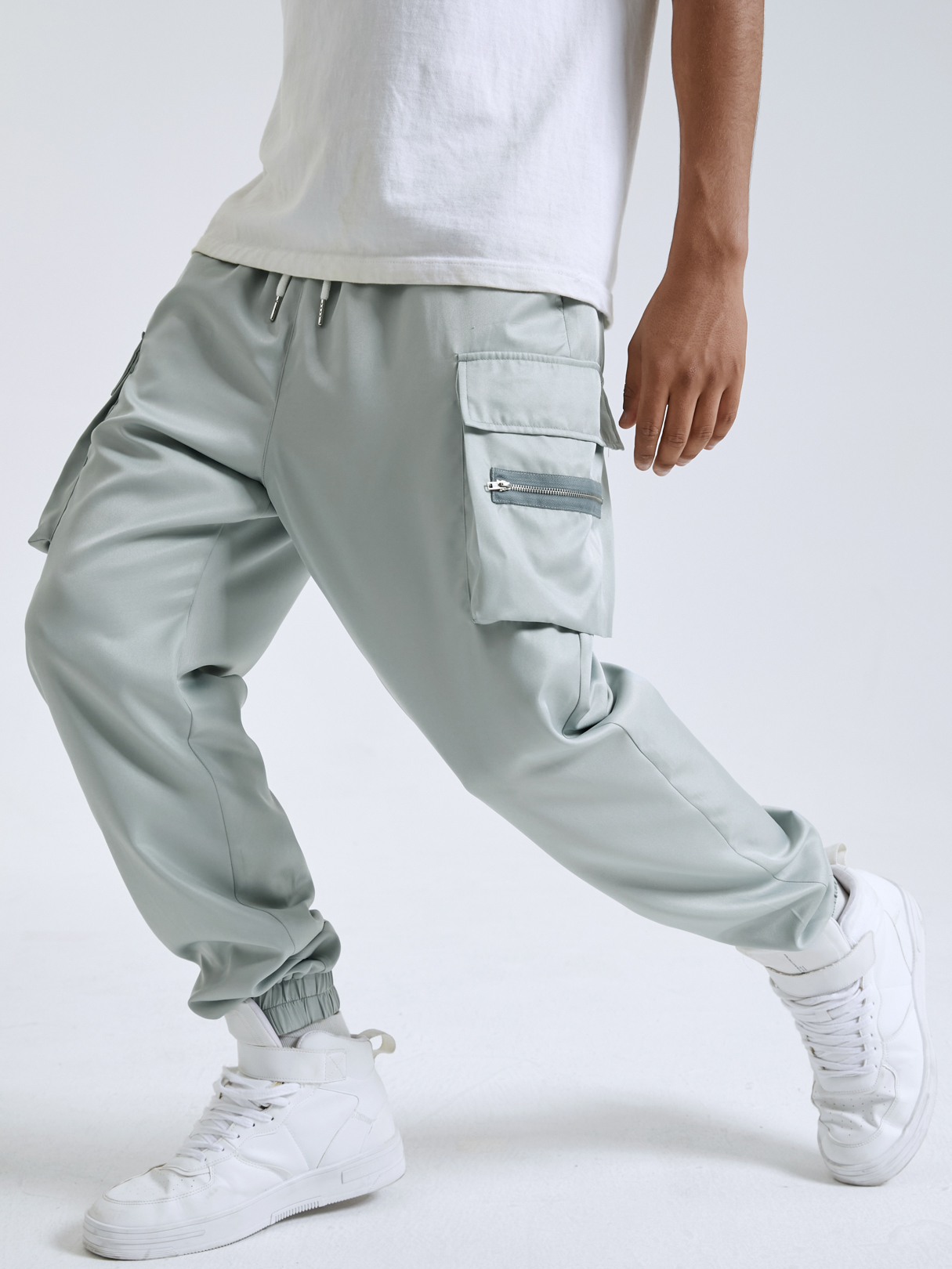 Men Hip Hop Street Style Zip Design Drawstring Waist Cargo Pants