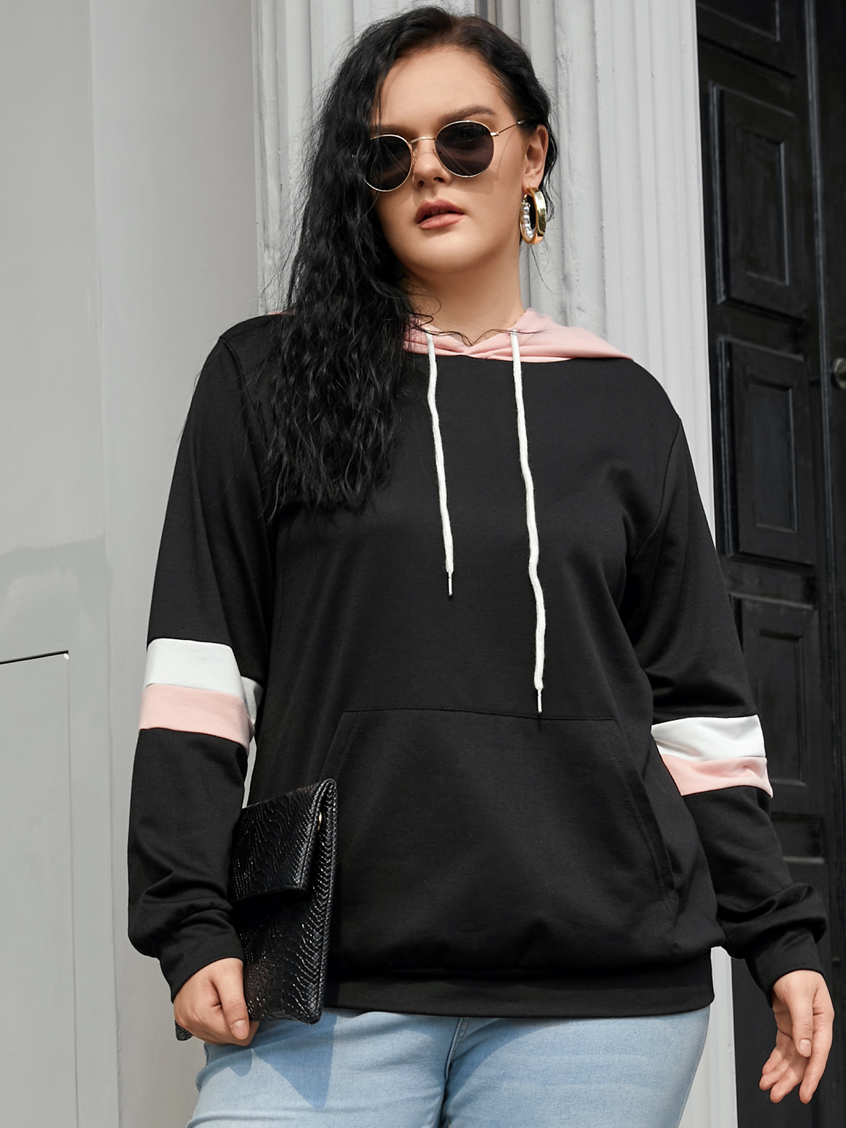 YOINS Plus Size Hooded Color Block Drawstring Pocket Long Sleeves Sweatshirt