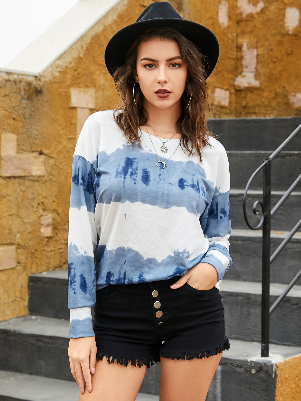 YOINS Blue Fantasy Colour Round Neck Long Sleeves Sweatshirt