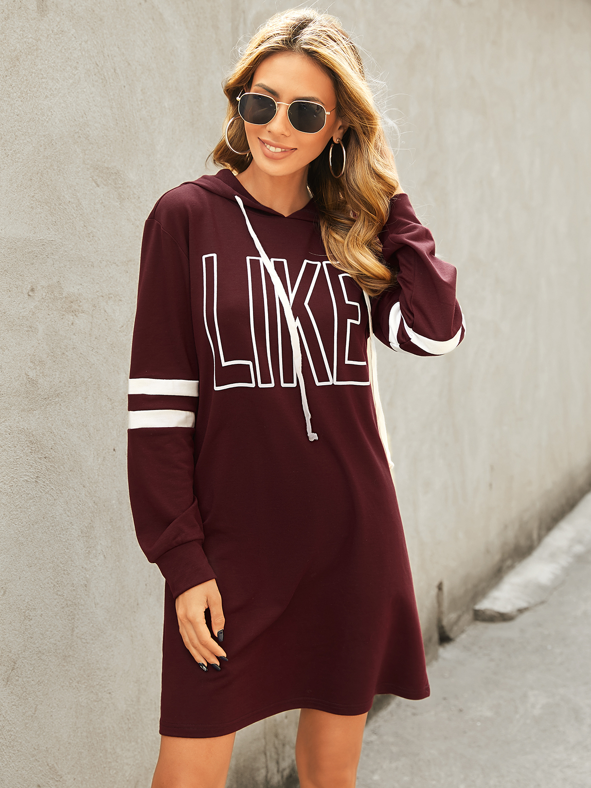 YOINS Burgundy Letter Hooded Design Mini Dress