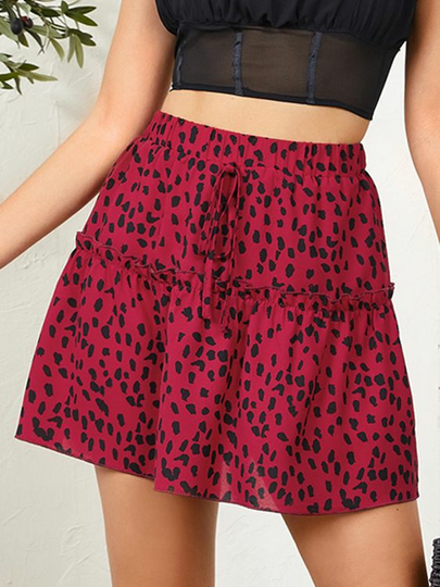 YOINS Leopard Frill Trim Ruffle Hem Drawstring Waist Mini Skirt