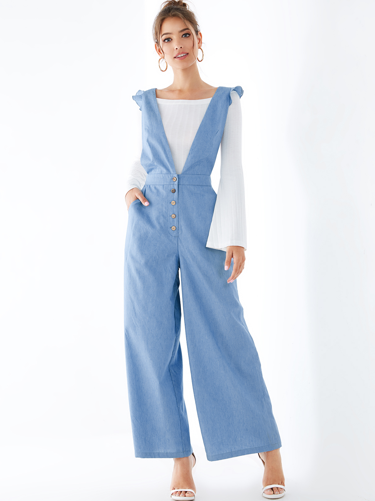 YOINS Blue Criss-cross Back Ruffle Trim Denim Jumpsuit