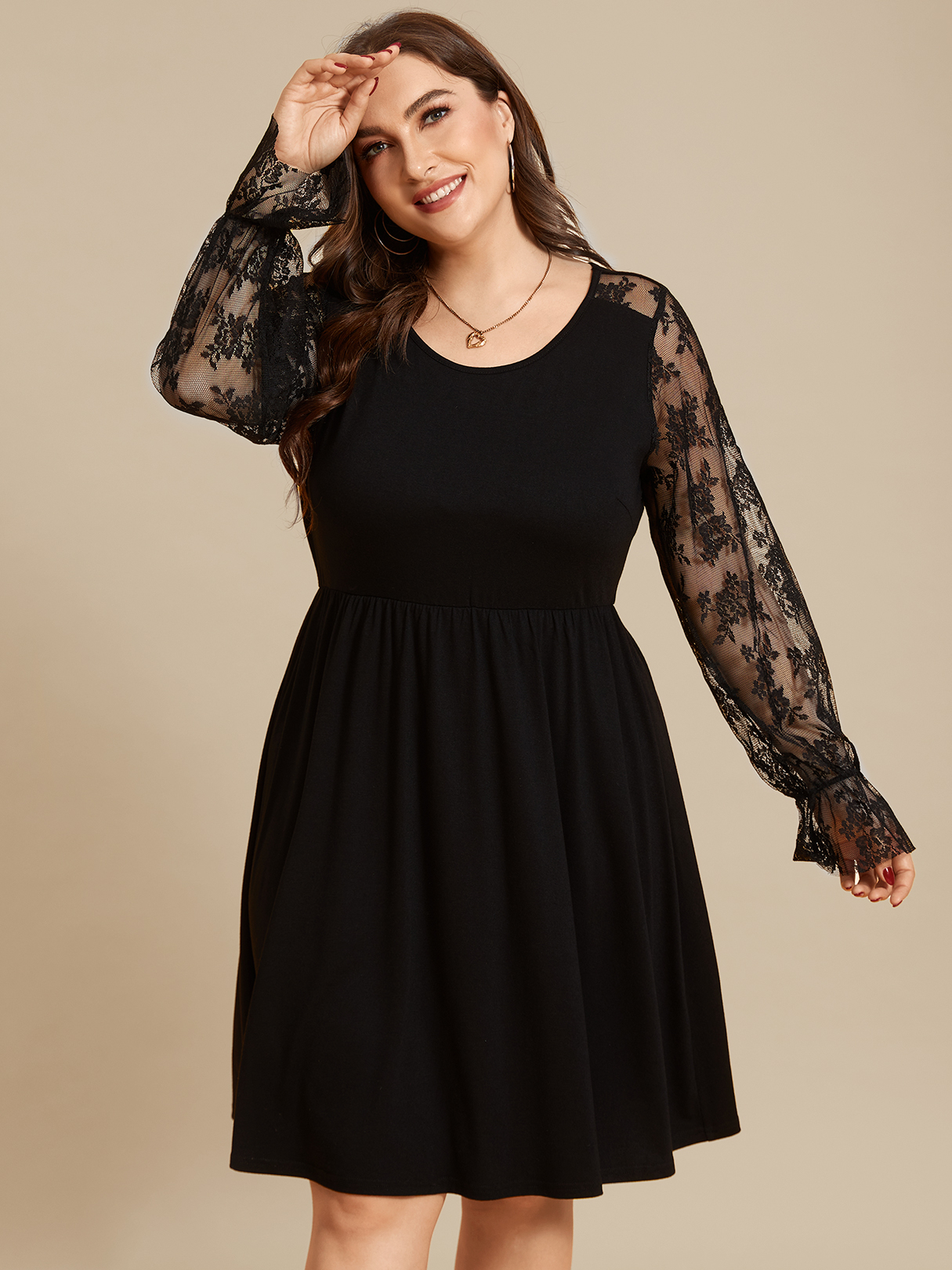 YOINS Plus Size Crew Neck Lace Patchwork Design Long Sleeves Dress