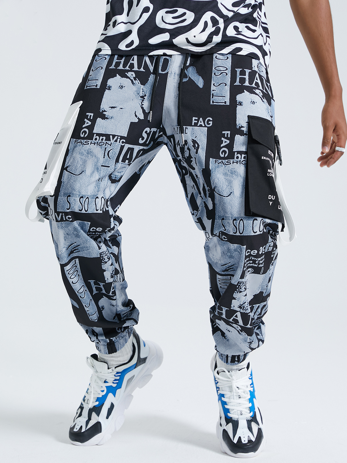 KOYYE Men Streetwear Hip Hop Letter Print Ribbon Cargo Pants