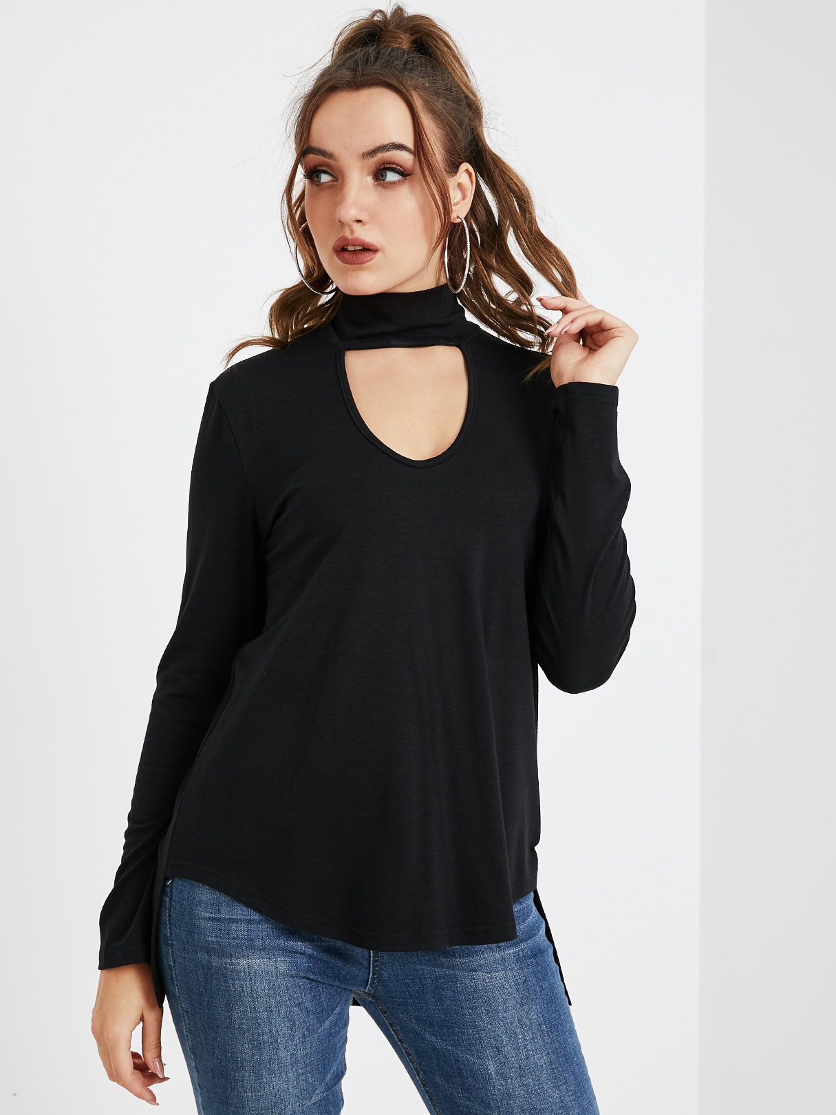 YOINS BASICS Black Cut Out Halter Long Sleeves Knit Top