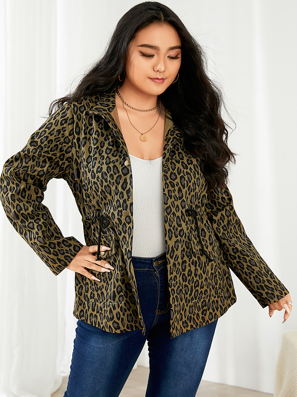 YOINS Plus Size Lapel Collar Leopard Drawstring Pocket Coat
