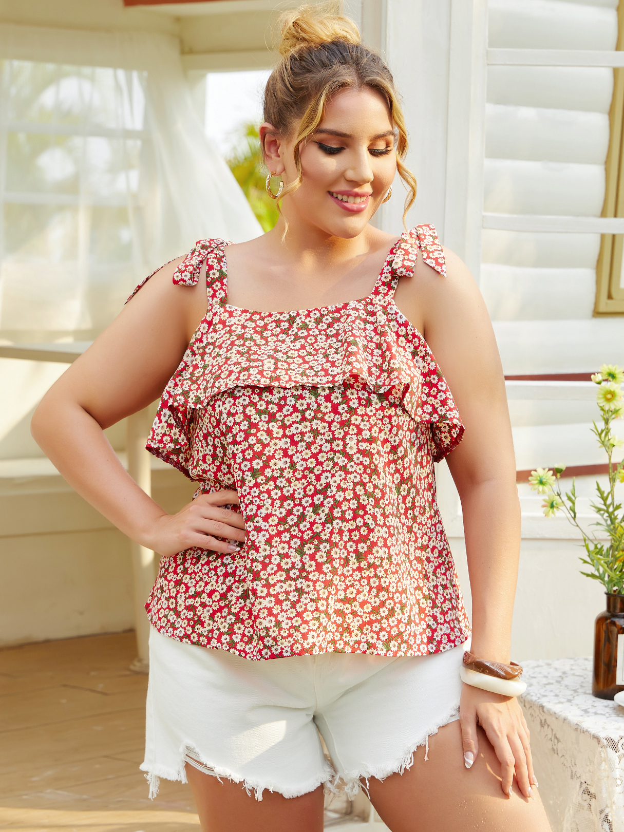 YOINS Plus Size Spaghetti Tiered Design Calico Cami