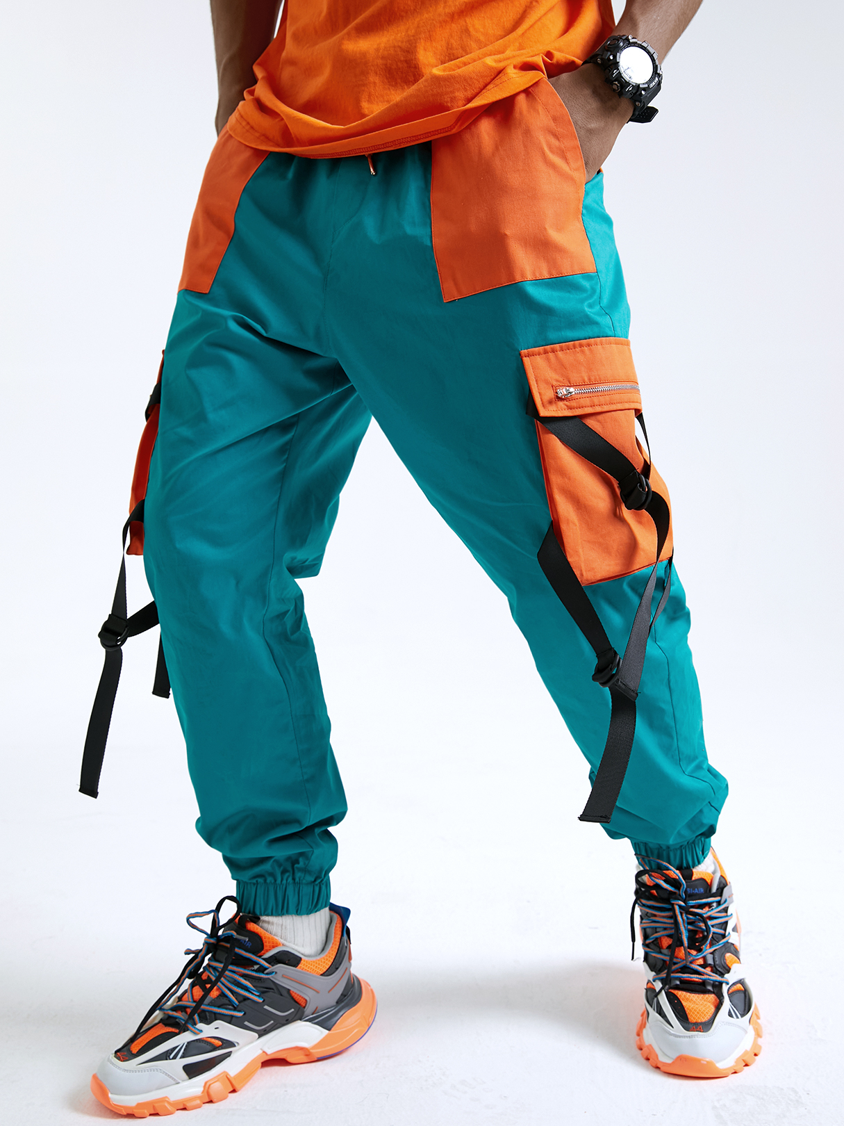 Men 100% Cotton Color Block Patchwork Pocket Ribbon Elastic Waist Cargo Pants