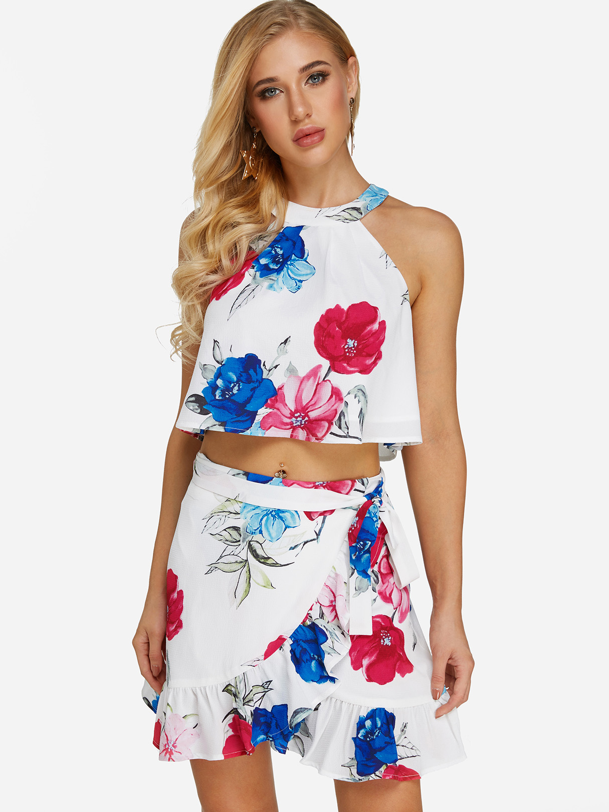 White Wrap Design Random Floral Print Halter Two Piece Outfits