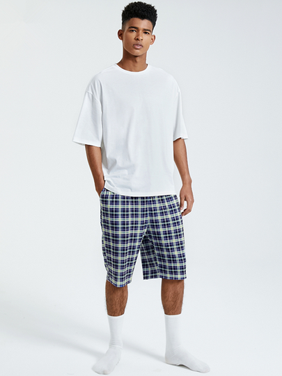 KOYYE Men Plaid Print Short Sleeve Shorts Pajamas Set