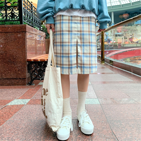 Icecream12 - Tartan-Plaid Split-Hem H-Line Skirt - Blue/One Size