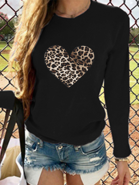 YOINS Black Leopard Heart Print Crew Neck Long Sleeves Tee