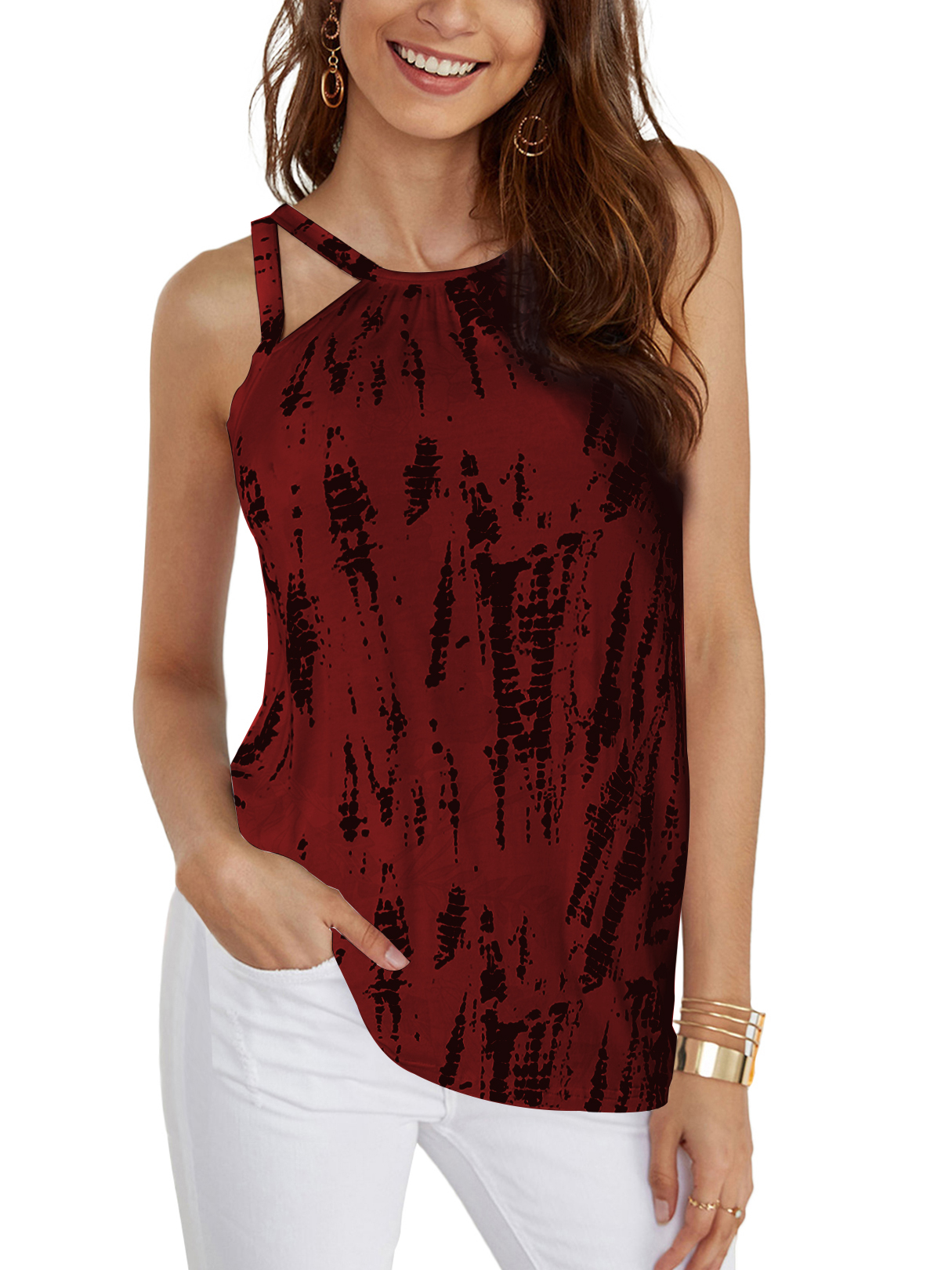 YOINS Burgundy Tie-dye Pattern Round Neck Cami