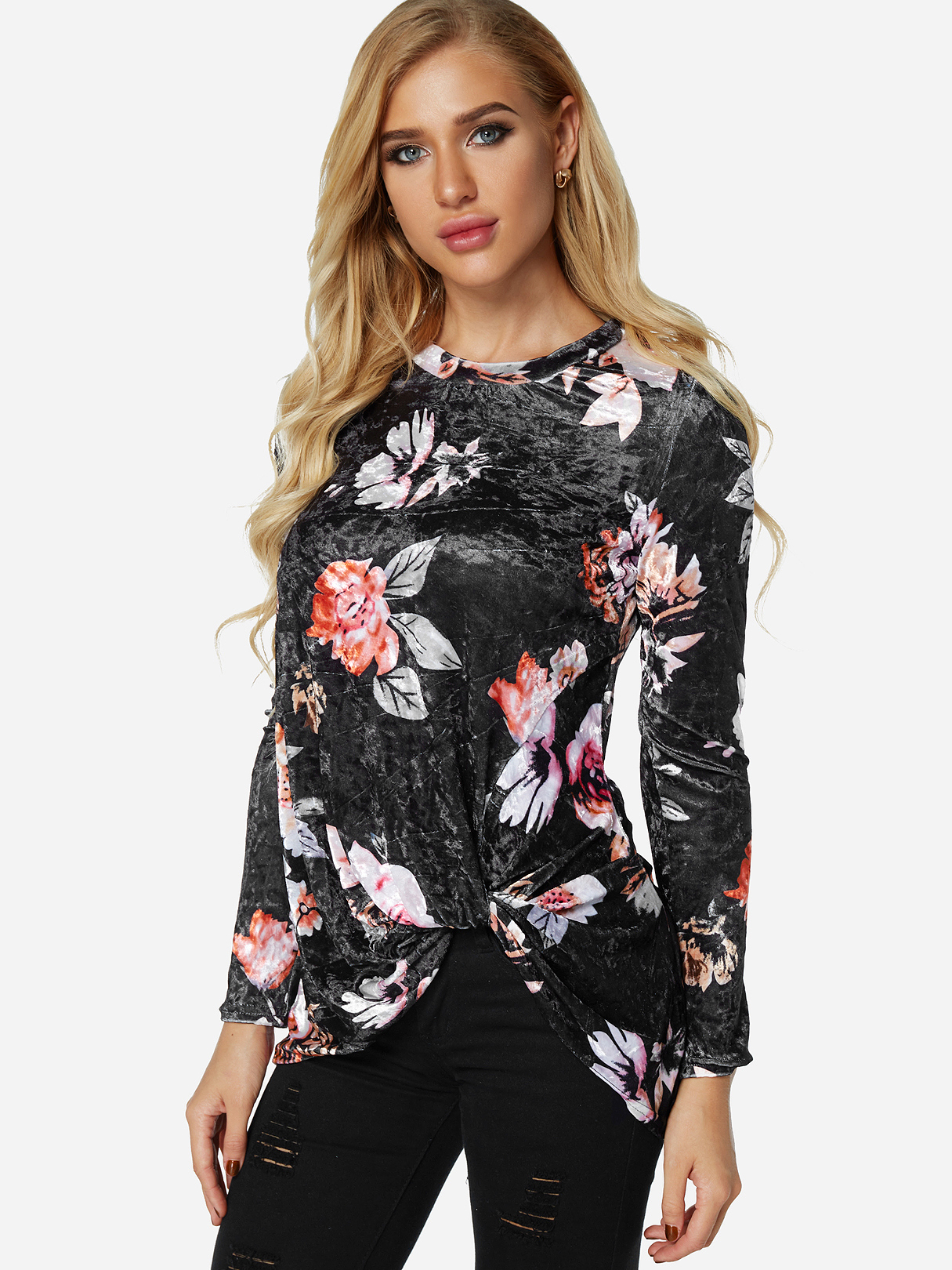 Black Crossed Front Design Plain Round Neck Long Sleeves Floral Velvet T-shirts