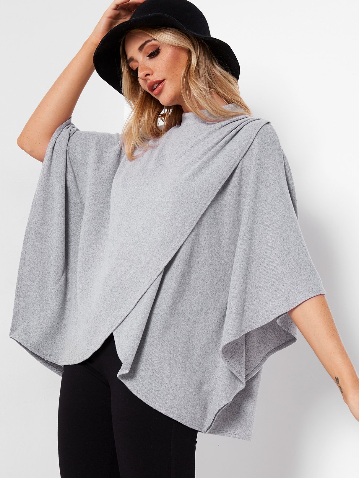 Grey Crossed Front Design Turtleneck Bat Sleeves Top