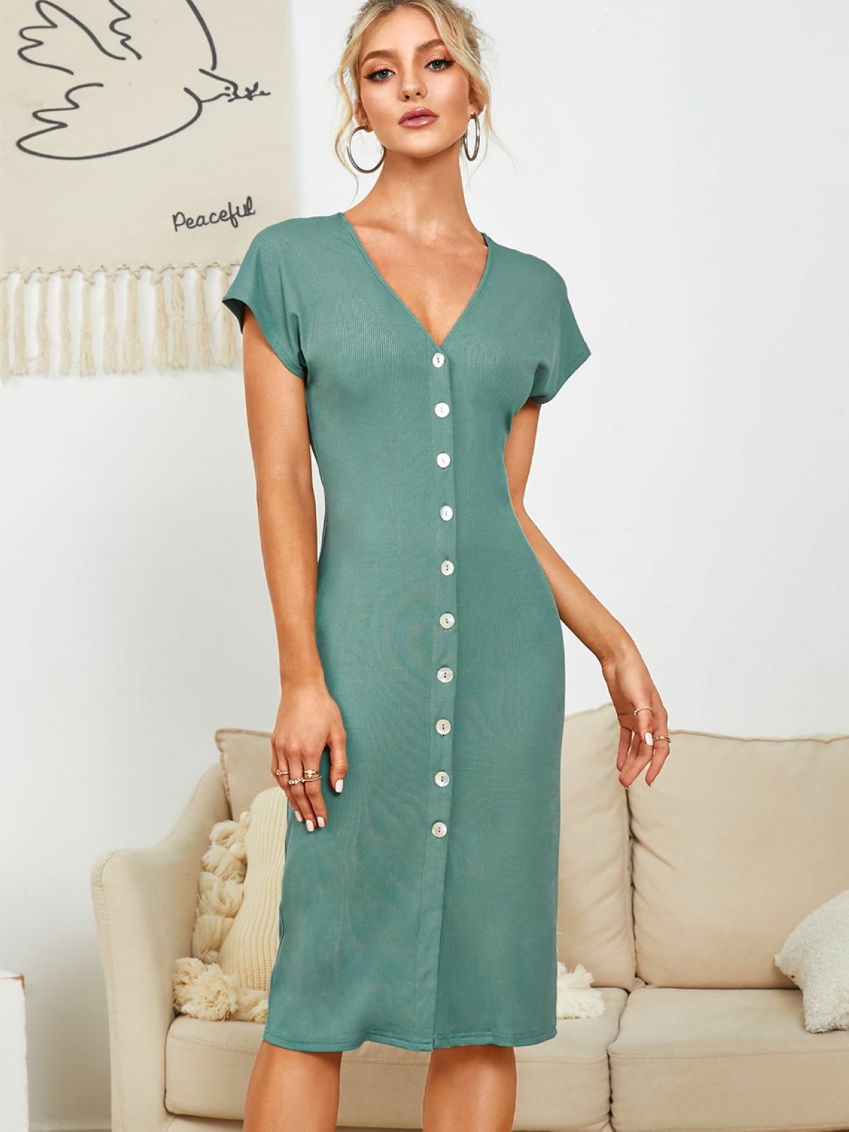 YOINS V-neck Button Front Ribbed Knit Short sleeves Midi Dress