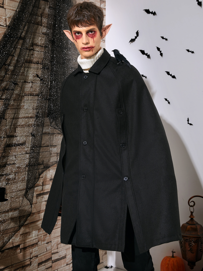 Men Casual Plain Button Design Cloak